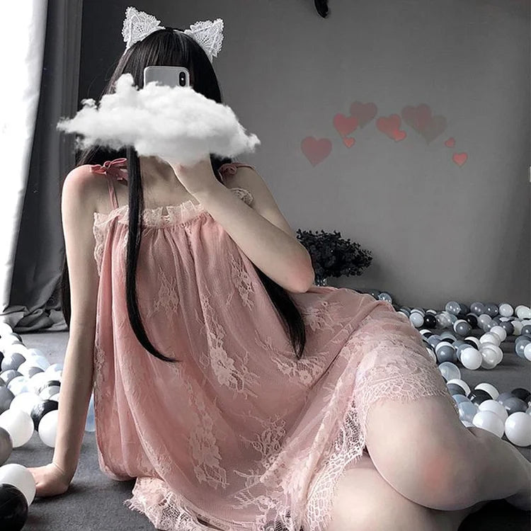 Lace Mesh Slip Dress Nightdress Stockings Lingerie Set