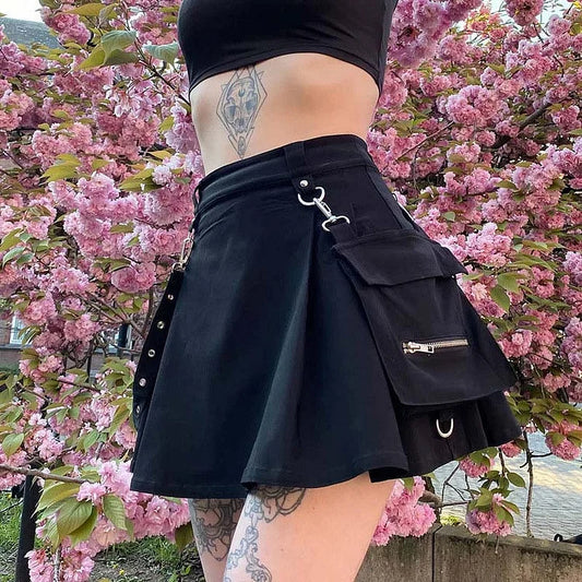 Punk Chain Pocket Zipper High Waist Pleated Skirt