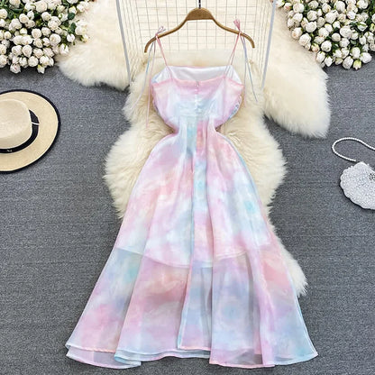 Chic Rainbow Print A-line Chiffon Lace Up Slip Dress