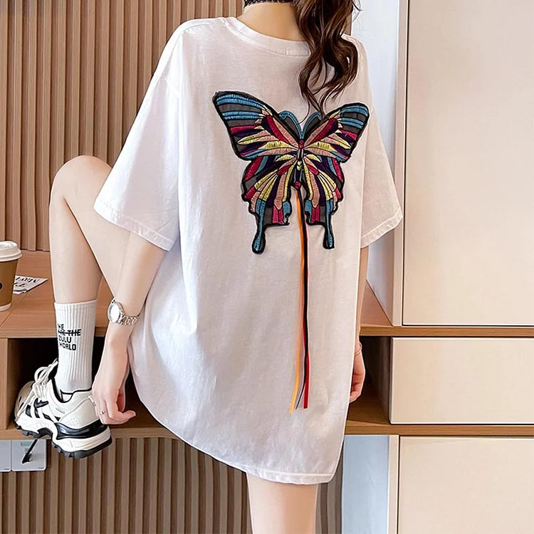 Vintage Butterfly Embroidery Round Neck Casual T-Shirt