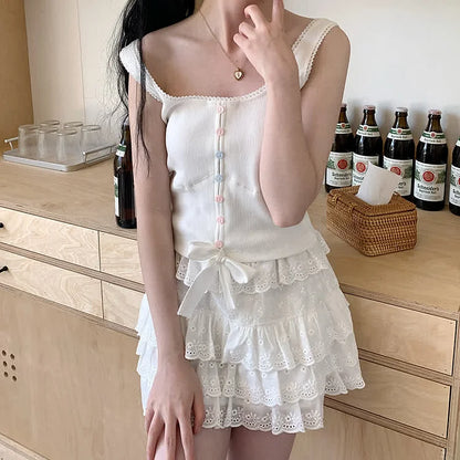 Button Front Bowknot Tank Top Lace Trim Layered Skirt