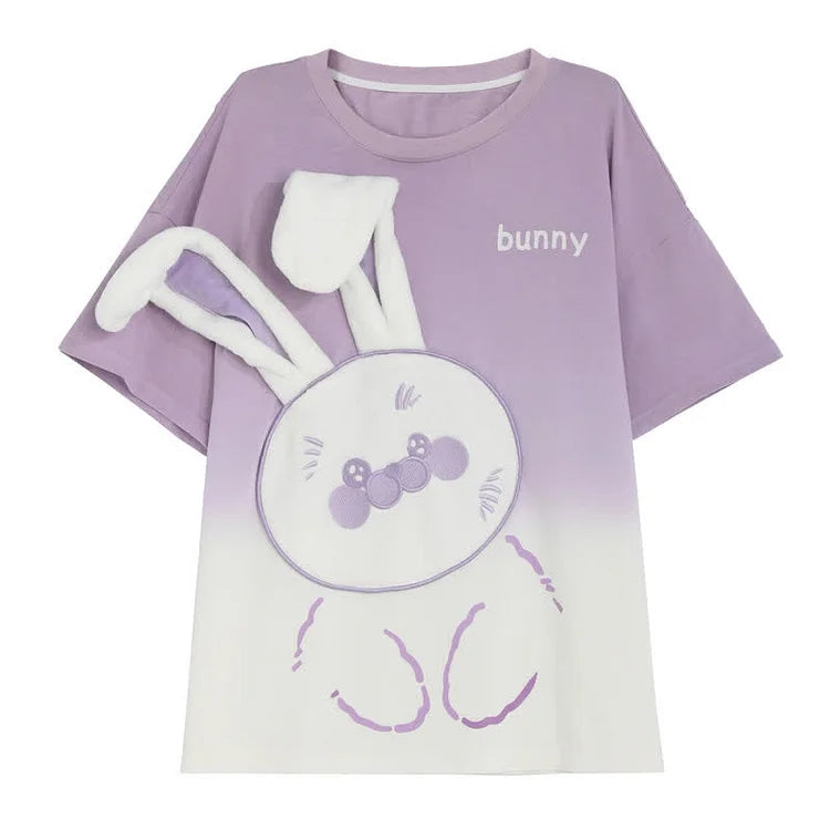 Cartoon Bunny Letter Print Colorblock Loose T-shirt