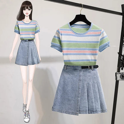 Colorblock Striped Round Neck Knitted T-Shirt Pleated Denim Skirt