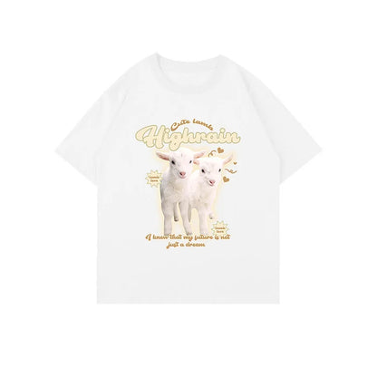 Kawaii Lamb Letter Print Round Neck Oversized T-Shirt