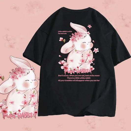 Cartoon Sakura Bunny Letter Print Cotton T-Shirt