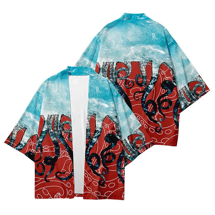 Vintage Octopus Colorblock Print Cardigan Kimono Outerwear
