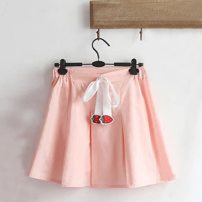Colorblock Cute Bunny Print Hooded T-Shirt Strawberry Pleated Skirt
