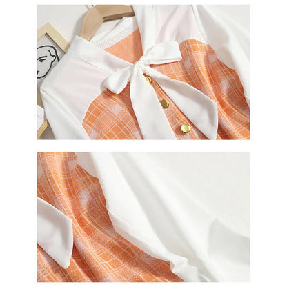 Plaid V-Neck Bowknot Knit Shirt Skirt Two Piece Set