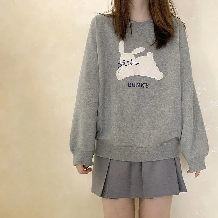 Pure Color Bunny Letter Embroidery Long Sleeve Sweatshirt