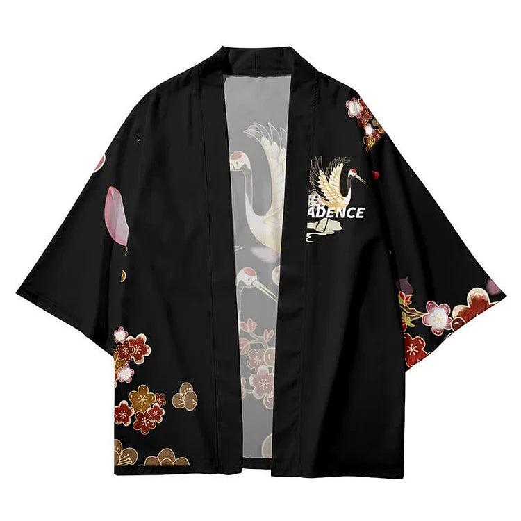 Vintage Cat Sakura Crane Print Loose Cardigan Kimono Outerwear