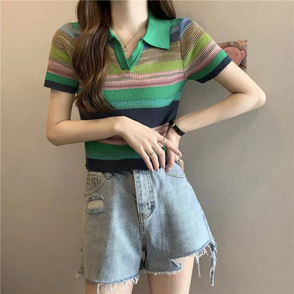 Chic Collar Rainbow Striped Colorblock Lapel Short Sleeve T-Shirt