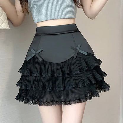 Chic High Waist Bowknot Lace Layered Mini Skirt