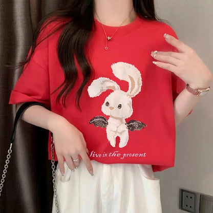 Cartoon Angel Rabbit Letter Print Loose T-Shirt