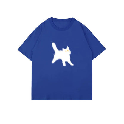 Cartoon Cat Print Round Neck Oversized T-Shirt