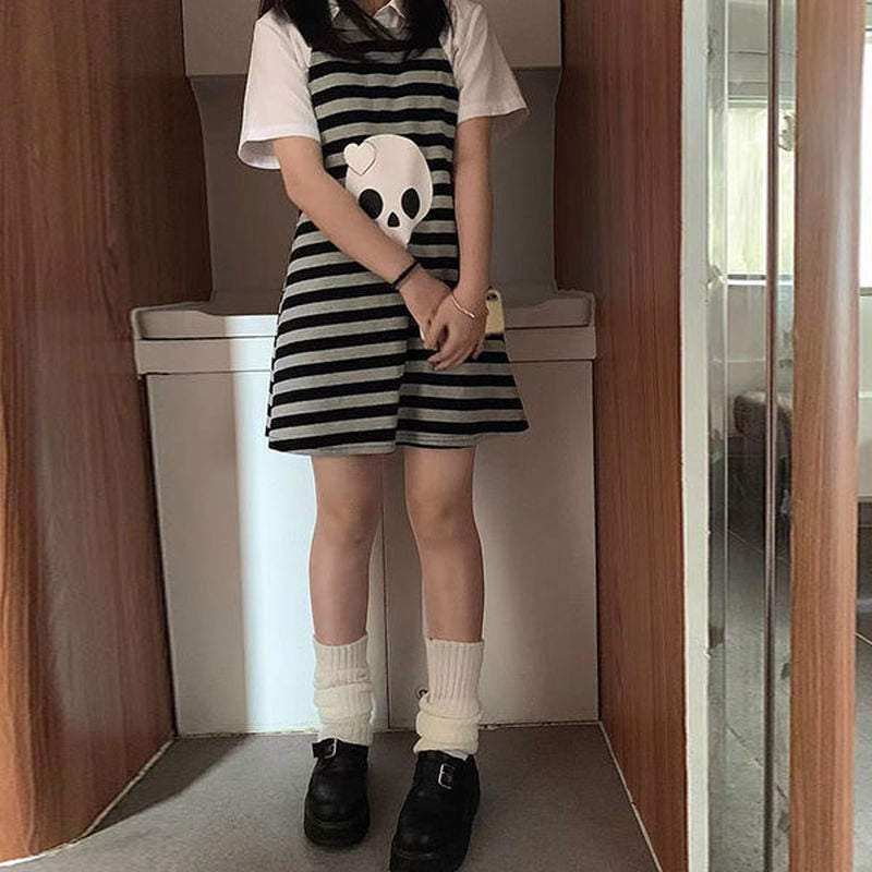 Kawaii Punk Gothic Striped Emo Skull Mini Dress