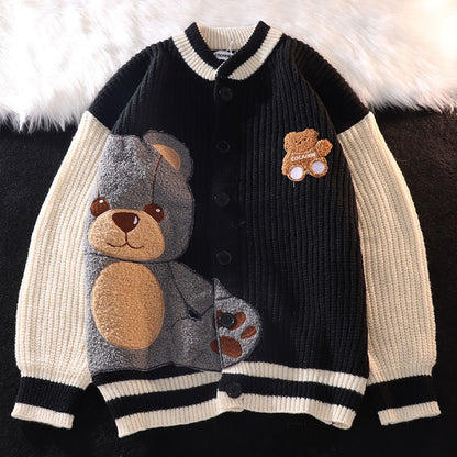 Streetwear Embroidery Bear Cardigan Sweater
