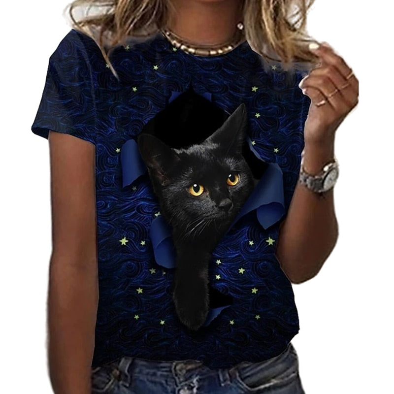 3D Starry Star Black Cat T-Shirt