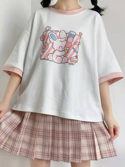 Kawaii Bunny Foodie Cartoon Print T-shirt