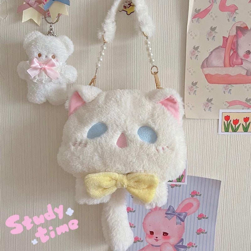 Kawaii Bowknot Plush Kitty Cat Crossbody Bag