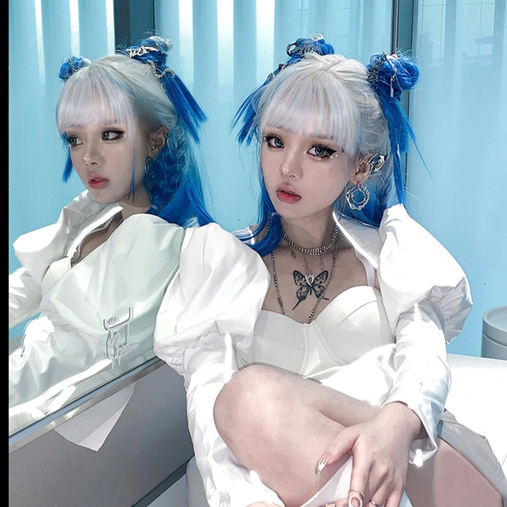 Lolita Blue & White Gradient Long Straight Wig With Bangs