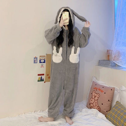 Kawaii Cartoon Bunny Hooded Plush Jumpsuit Pajamas Set