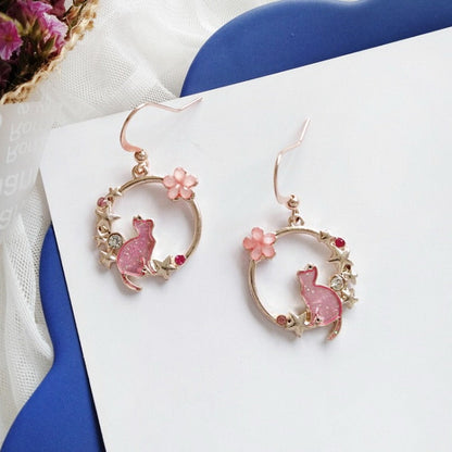Sakura Flowers Cat Pearl Earrings