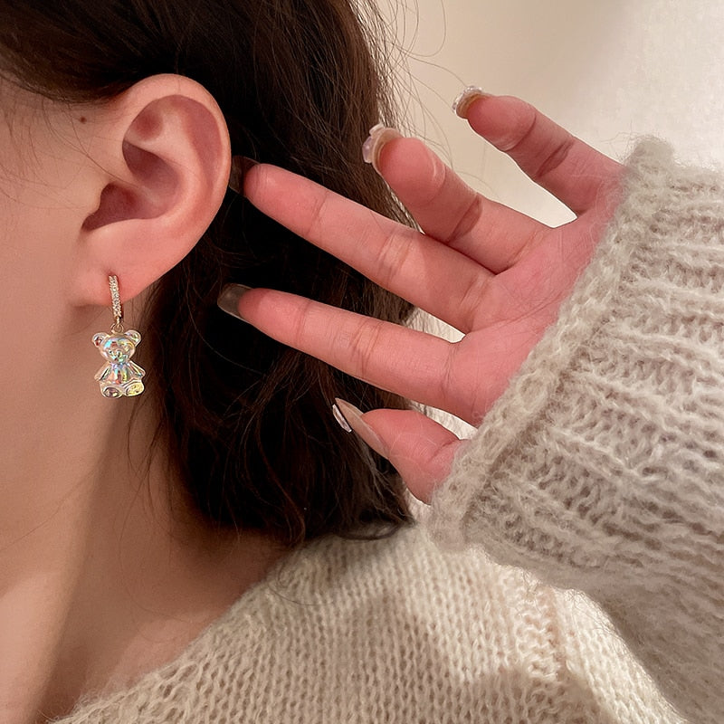 Kawaii Crystal Bear Dangle Earrings