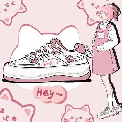 Kawaii Hey Cat Flowers Embroidery Sneakers - Sneakers - Kawaii Bonjour