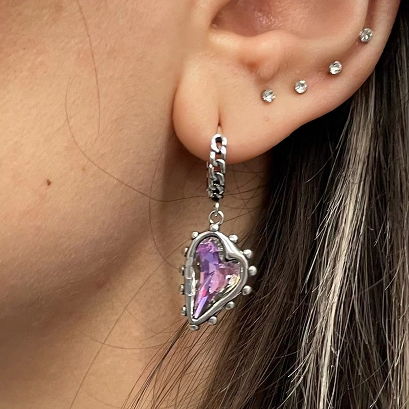 Vintage Purple Crystal Heart Symmetrical Earrings