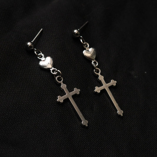 Punk Gothic Cross Heart Drop Stud Earrings