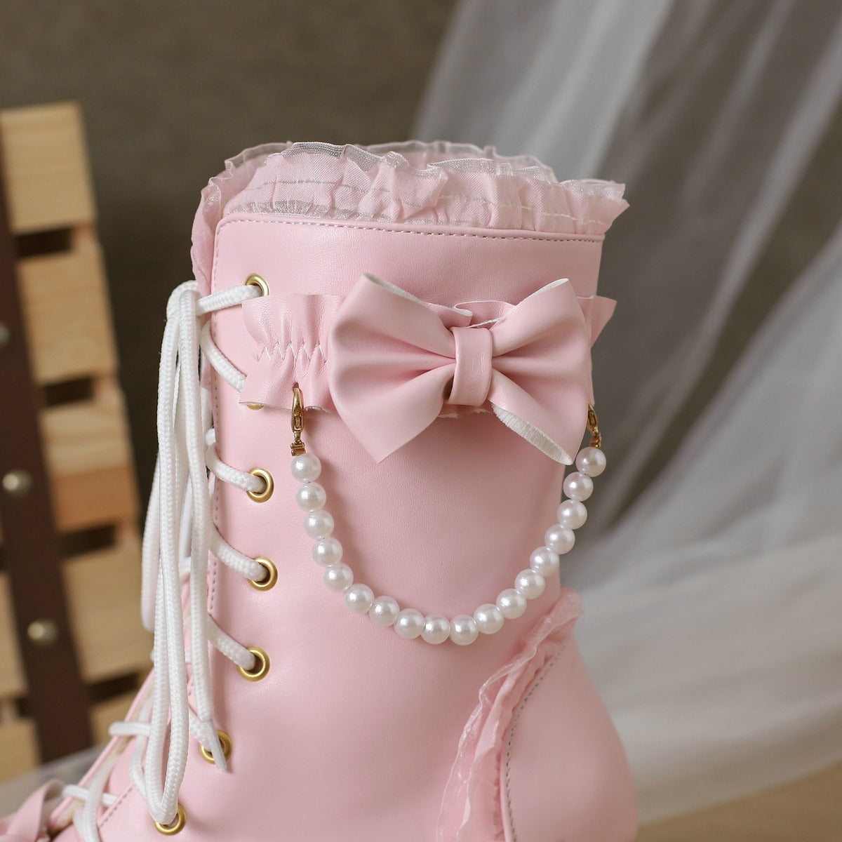 Lolita Sweet Bow Beads Platform Lace Up Boots