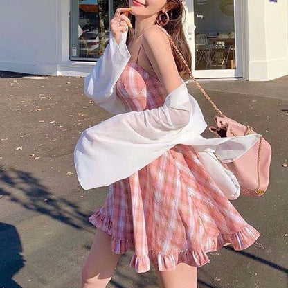 Kawaii Chic Backless Orange Pink Plaid Dress - Dress, New - Kawaii Bonjour
