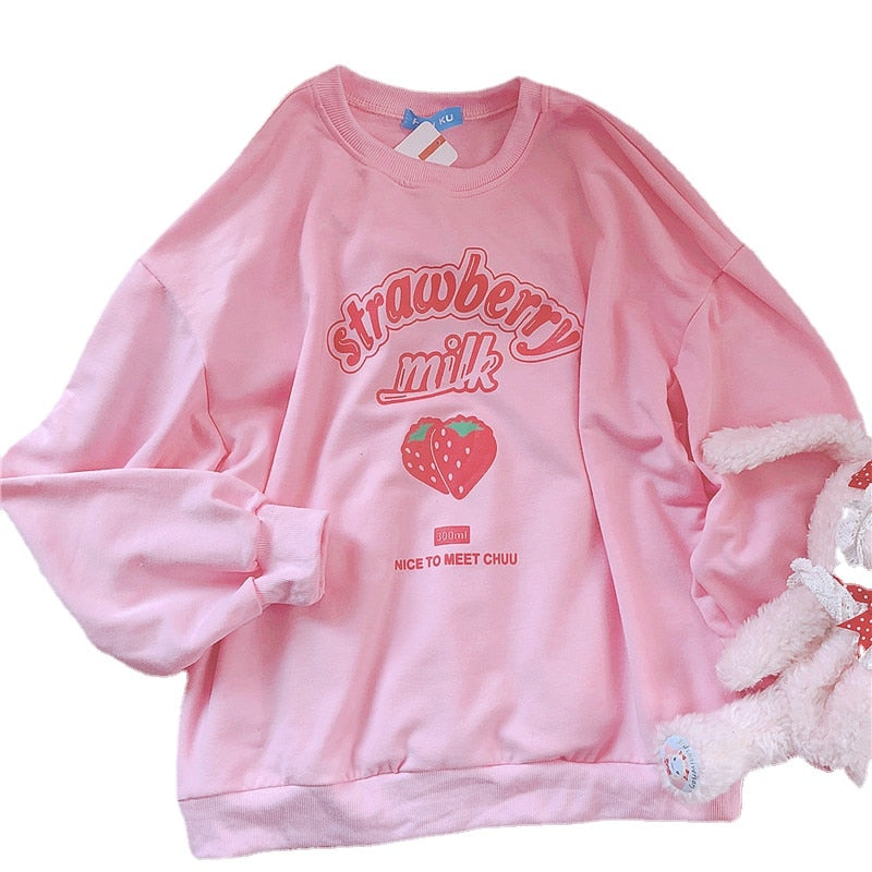 Kawaii Pink Strawberry Milk Letter Sweatshirt