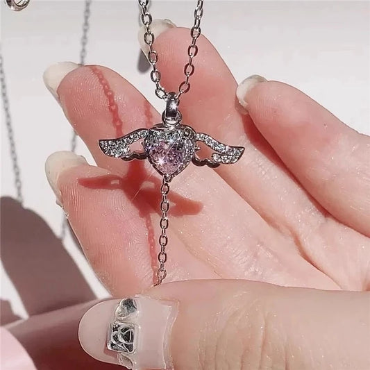 Vintage Angel Pink Crystal Heart Pendant Necklace