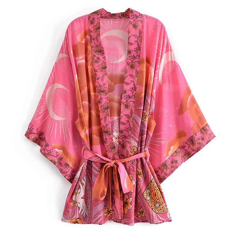 Vintage Moon Floral Print Robe Cardigan Kimono Outerwear