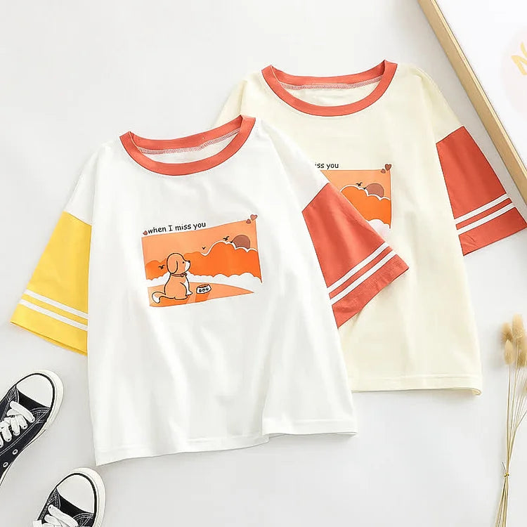 Cartoon Puppy Letter Print Colorblock Sleeve T-Shirt