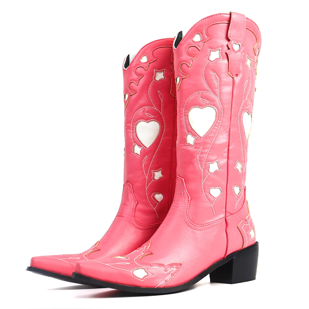 Rose Heart Embroidered Mid-Calf Boots