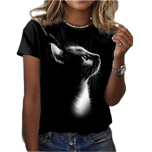 3D Beauty Cat Black & White T-Shirt