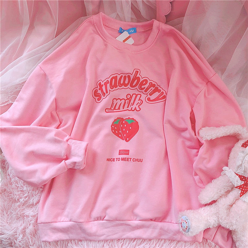 Kawaii Pink Strawberry Milk Letter Sweatshirt