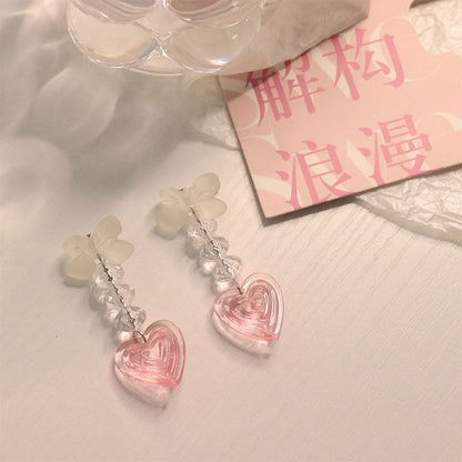 Y2K Vintage Bowknot Pink Heart Tassel Earrings