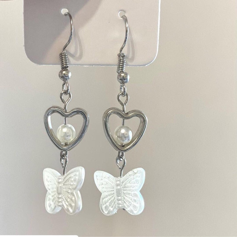 Harajuku Hollow Pearl Heart Butterfly Drop Earrings