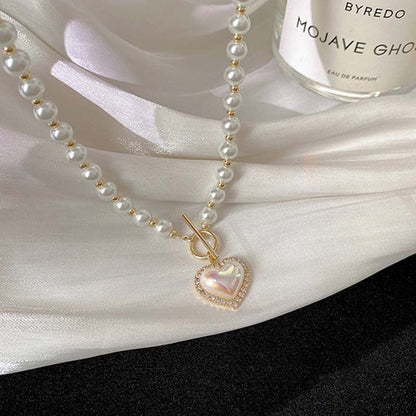 Kawaii Pearl Bead Heart Pendant Necklace