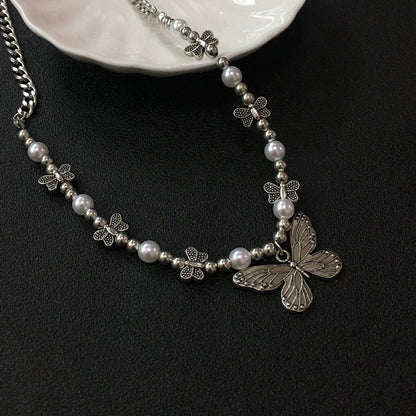 Gothic Pearl Butterfly Pendant Necklace