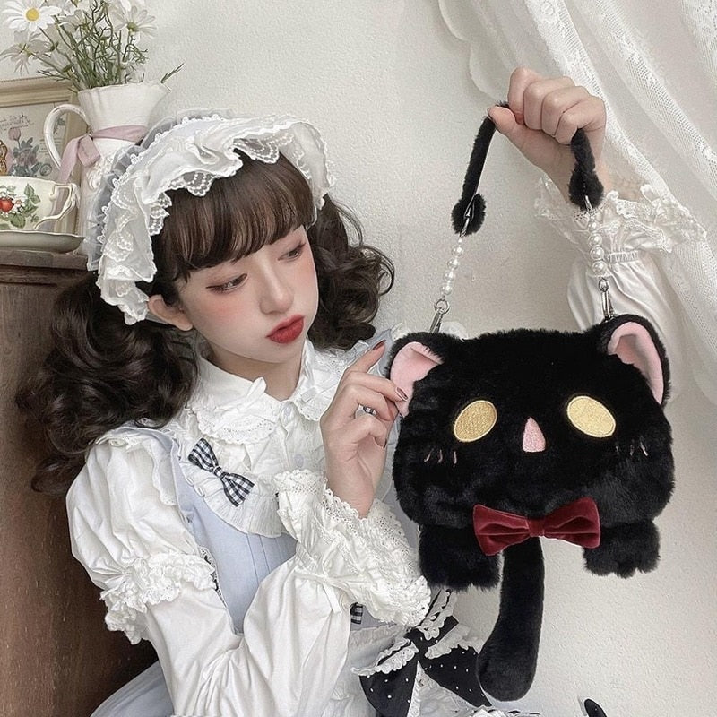 Kawaii Bowknot Plush Kitty Cat Crossbody Bag