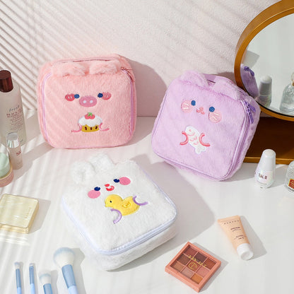 Kawaii Embroidery Cartoon Animal Plush Cosmetic Bag