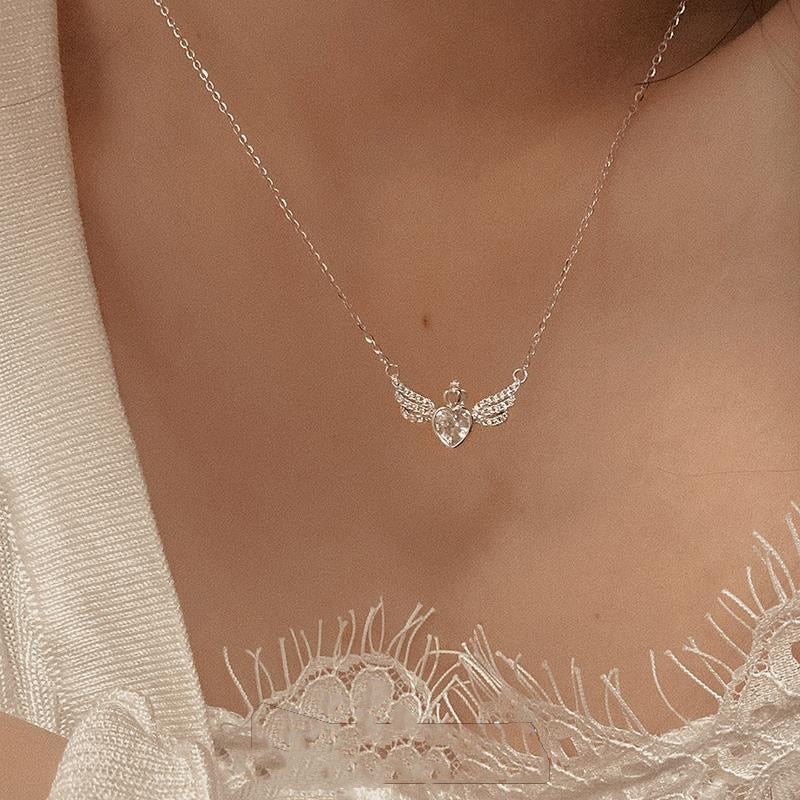 Vintage Kawaii Wings Crystal Heart Pendant Necklace