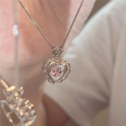 Vintage Hollow Pink Crystal Heart Pendant Necklace