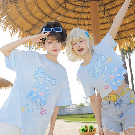 Matching Best Friends Cartoon Jellyfish Print T-Shirt Casual Shorts
