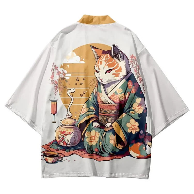 Vintage Cat Warriors Print Cardigan Kimono Outerwear