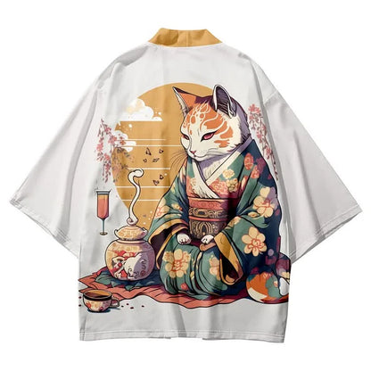 Vintage Cat Warriors Print Cardigan Kimono Outerwear